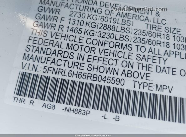 5FNRL6H65RB045590 2024 HONDA ODYSSEY White Widok komory silnika