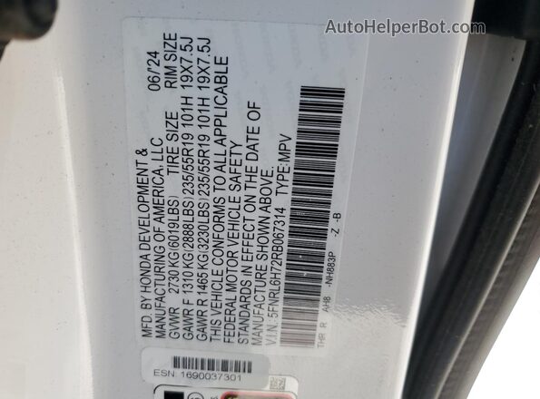5FNRL6H72RB067314 2024 HONDA ODYSSEY Белый Вид наклейки с VIN-кодом