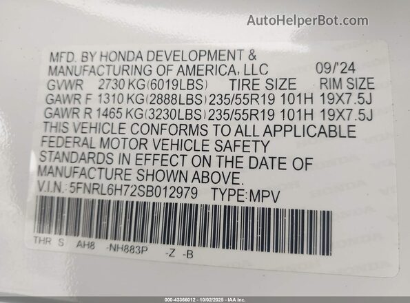 5FNRL6H72SB012979 2025 HONDA ODYSSEY White Շարժիչի բաժամունքի տեսք