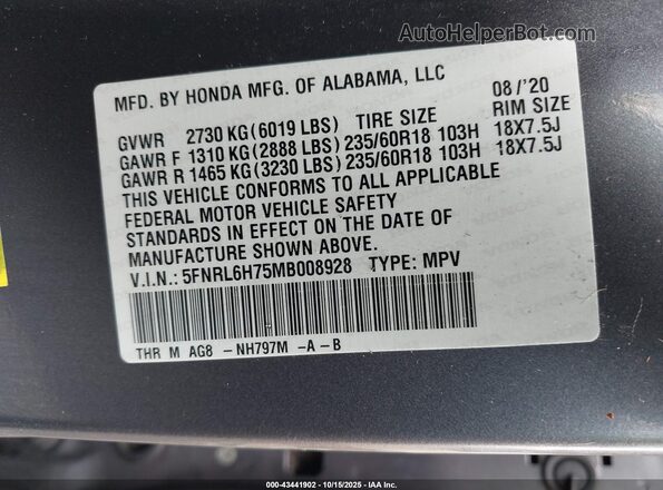 5FNRL6H75MB008928 2021 HONDA ODYSSEY Gray Vista del compartimento del motor