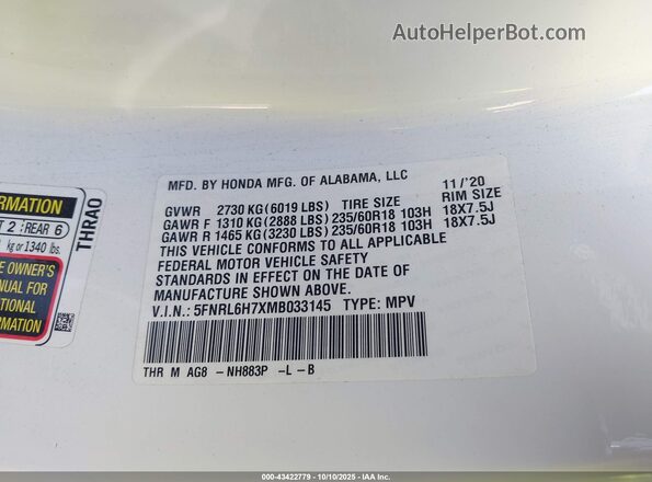 5FNRL6H7XMB033145 2021 HONDA ODYSSEY White Engine compartment view