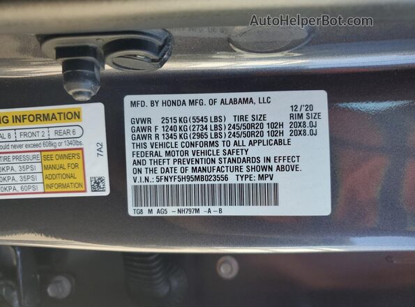 5FNYF5H95MB023556 2021 HONDA PILOT Gray Սալոնի 360 աստիճան տեսք