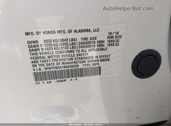 5FNYF6H41KB036229 2019 HONDA PILOT White ძრავის განყოფილების ხედი