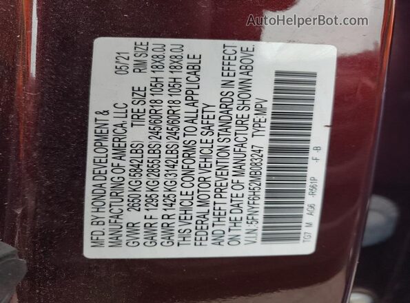 5FNYF6H52MB083247 2021 HONDA PILOT Бордовый Вид подкапотного пространства