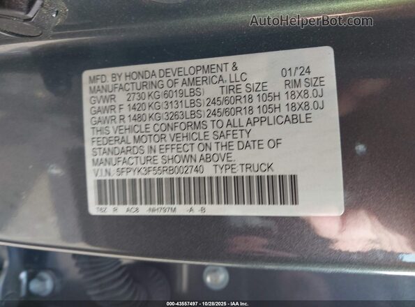 5FPYK3F55RB002740 2024 HONDA RIDGELINE Серый Вид подкапотного пространства