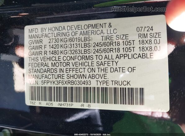5FPYK3F6XRB030493 2024 HONDA RIDGELINE Black Engine compartment view