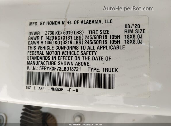 5FPYK3F73LB018721 2020 HONDA RIDGELINE White Widok komory silnika