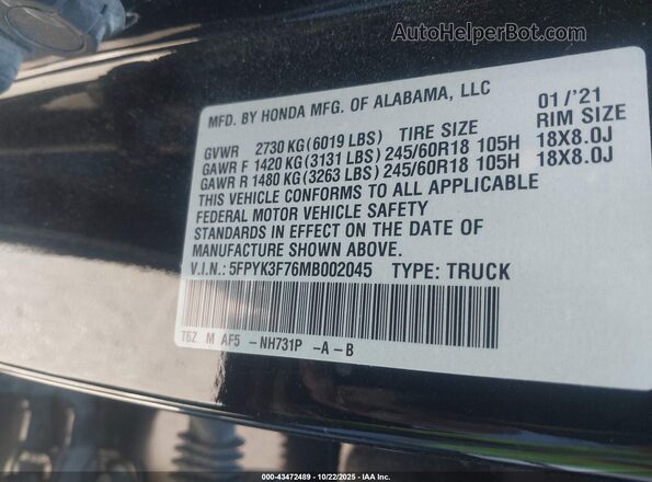 5FPYK3F76MB002045 2021 HONDA RIDGELINE Черный Вид подкапотного пространства