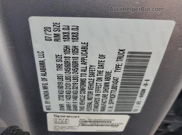 5FPYK3F77LB014347 2020 HONDA RIDGELINE Серебряный Вид подкапотного пространства