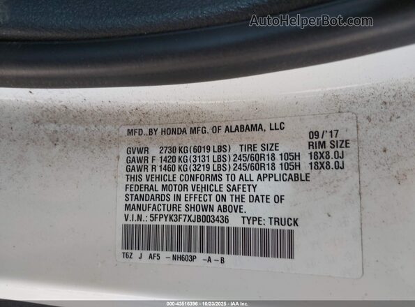 5FPYK3F7XJB003436 2018 HONDA RIDGELINE Белый Вид подкапотного пространства