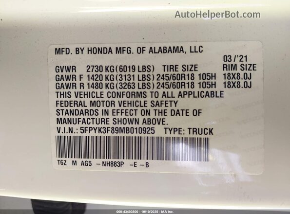 5FPYK3F89MB010925 2021 HONDA RIDGELINE Белый Вид подкапотного пространства