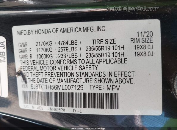 5J8TC1H56ML007129 2021 ACURA RDX Black Вид підкапотного простору
