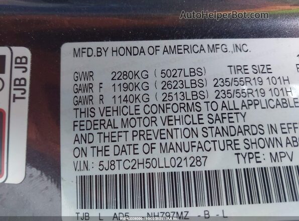5J8TC2H50LL021287 2020 ACURA RDX Gray Вид підкапотного простору