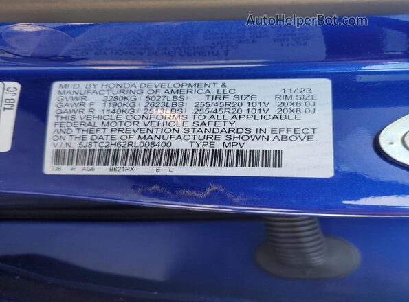 5J8TC2H62RL008400 2024 ACURA RDX Blue VIN կոդի պիտակի տեսք