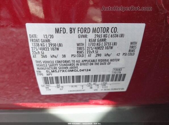 5LM5J7XC0MGL04124 2021 LINCOLN AVIATOR Красный Вид подкапотного пространства