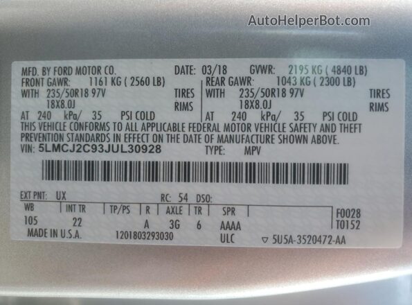 5LMCJ2C93JUL30928 2018 LINCOLN MKC Silver Widok naklejki z numerem VIN