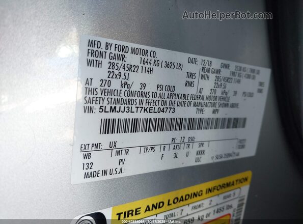 5LMJJ3LT7KEL04773 2019 LINCOLN NAVIGATOR L Серебряный Вид подкапотного пространства