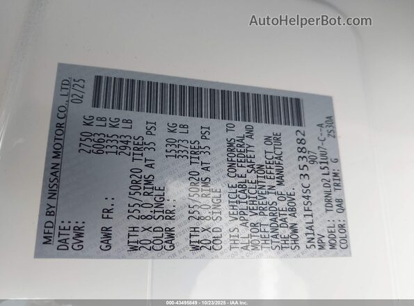 5N1AL1FS4SC353882 2025 INFINITI QX60 White Widok komory silnika