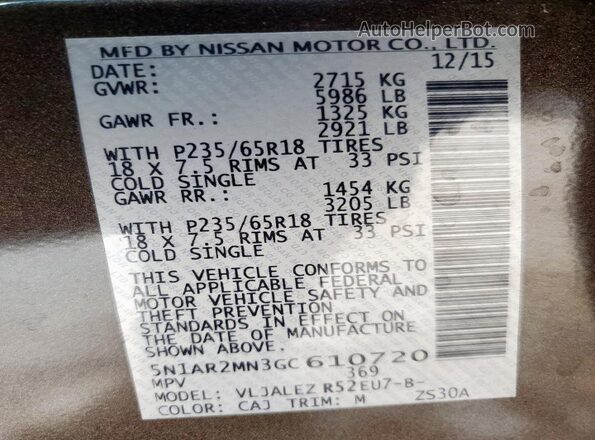 5N1AR2MN3GC610720 2016 NISSAN PATHFINDER Gray Widok naklejki z numerem VIN