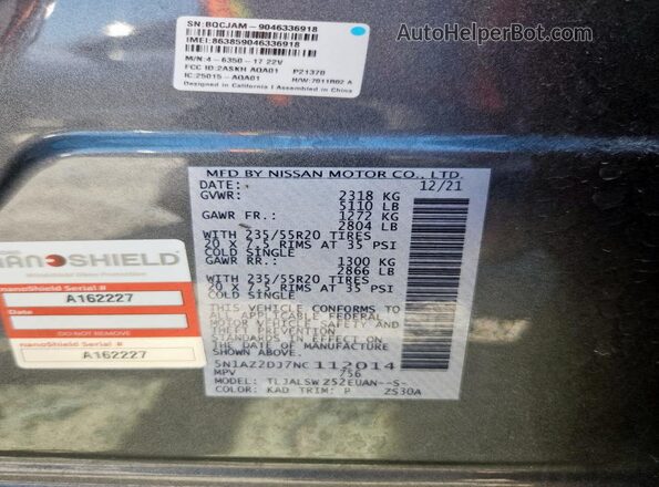 5N1AZ2DJ7NC112014 2022 NISSAN MURANO Серый Вид наклейки с VIN-кодом