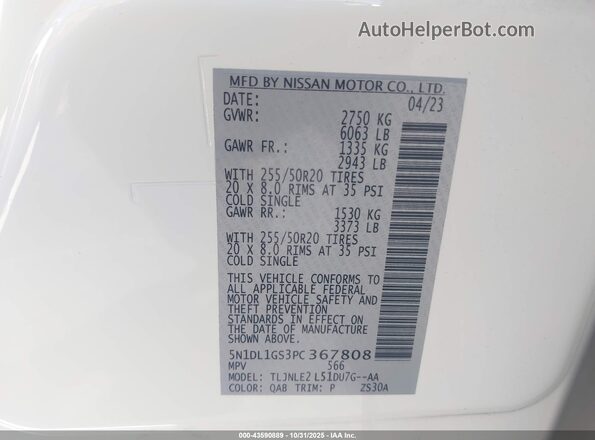 5N1DL1GS3PC367808 2023 INFINITI QX60 White Widok komory silnika