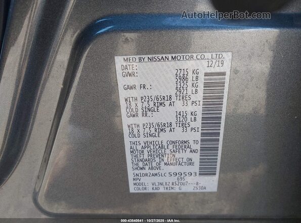 5N1DR2AM5LC599593 2020 NISSAN PATHFINDER Gray Vista del compartimento del motor