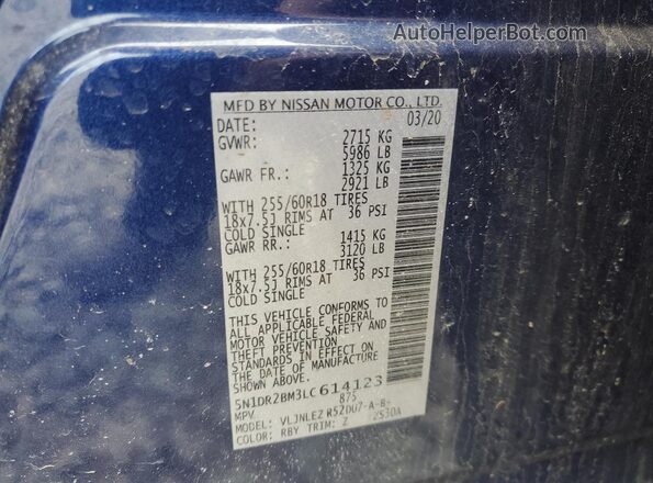 5N1DR2BM3LC614123 2020 NISSAN PATHFINDER Blue Vista de la etiqueta del VIN