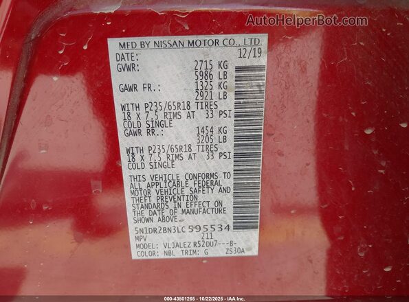 5N1DR2BN3LC595534 2020 NISSAN PATHFINDER Красный Вид подкапотного пространства
