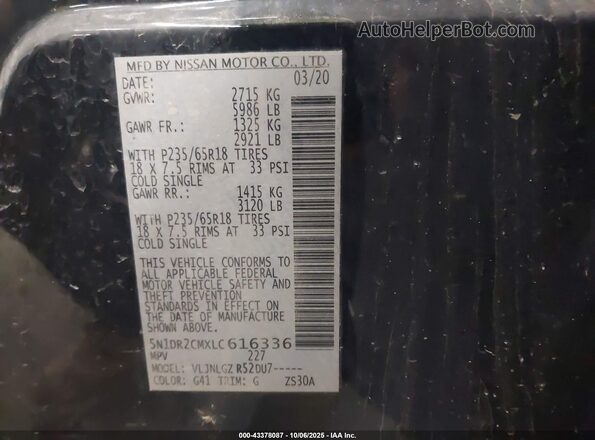 5N1DR2CMXLC616336 2020 NISSAN PATHFINDER Black Widok komory silnika