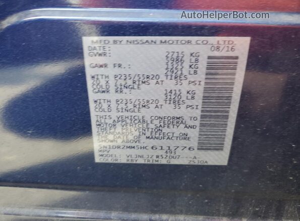 5N1DR2MM5HC611776 2017 NISSAN PATHFINDER Blue VIN sticker view