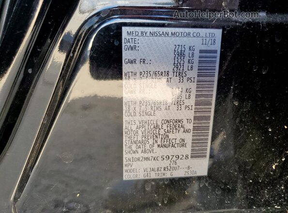 5N1DR2MN7KC597928 2019 NISSAN PATHFINDER Черный Вид наклейки с VIN-кодом