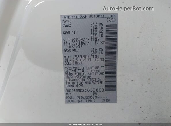 5N1DR2MNXKC632803 2019 NISSAN PATHFINDER White Widok komory silnika