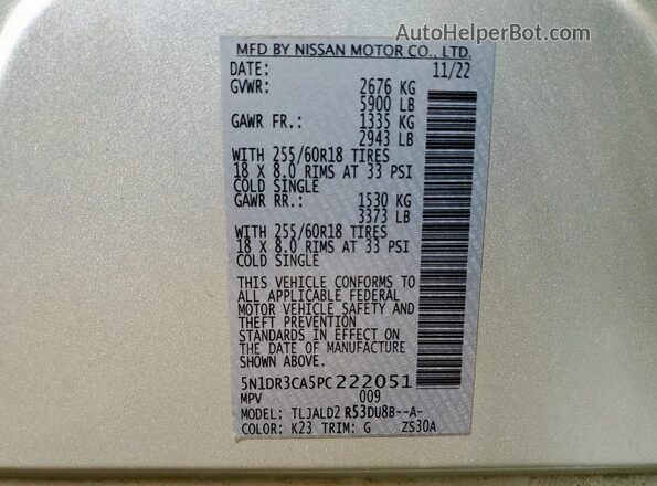 5N1DR3CA5PC222051 2023 NISSAN PATHFINDER Silver Widok naklejki z numerem VIN