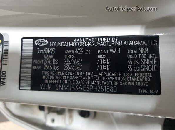 5NMJB3AE5PH281880 2023 HYUNDAI TUCSON Белый Вид наклейки с VIN-кодом