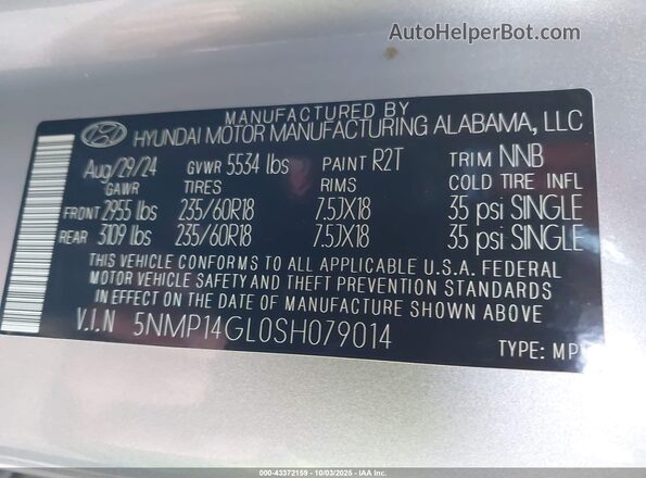 5NMP14GL0SH079014 2025 HYUNDAI SANTA FE Silver Vista del compartimento del motor