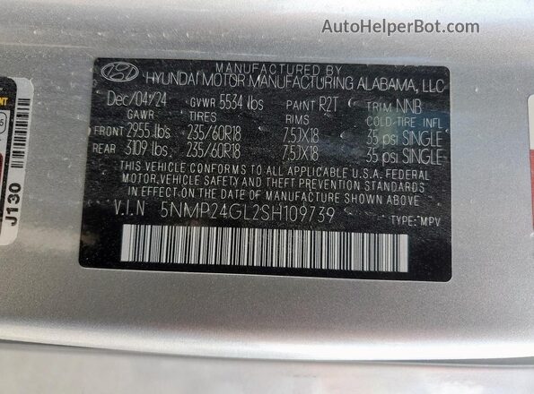 5NMP24GL2SH109739 2025 HYUNDAI SANTA Silver Vista de la etiqueta del VIN