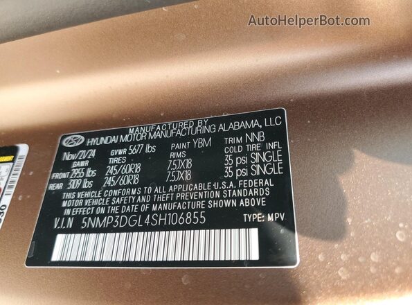5NMP3DGL4SH106855 2025 HYUNDAI SANTA Коричневый Вид наклейки с VIN-кодом