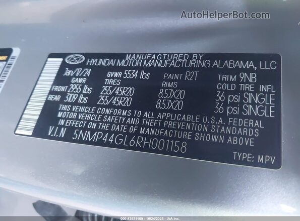 5NMP44GL6RH001158 2024 HYUNDAI SANTA FE Silver Շարժիչի բաժամունքի տեսք