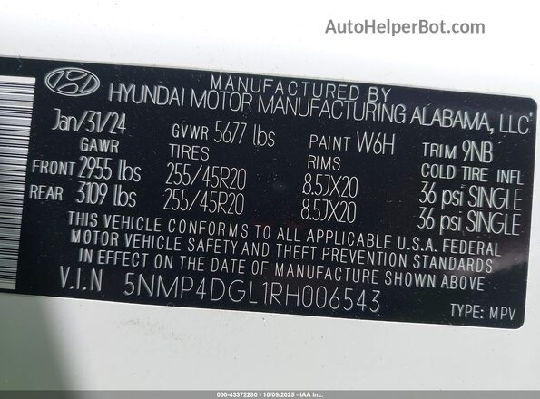 5NMP4DGL1RH006543 2024 HYUNDAI SANTA FE White Widok komory silnika
