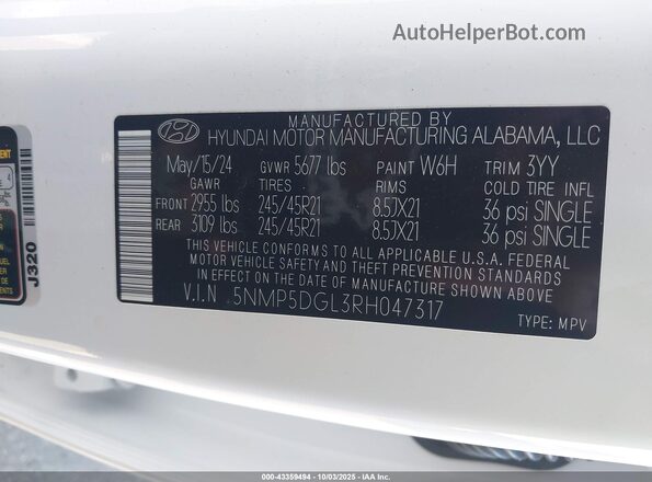 5NMP5DGL3RH047317 2024 HYUNDAI SANTA FE CALLIGRAPHY White Vista del compartimento del motor