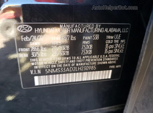 5NMS33AD2LH230985 2020 HYUNDAI SANTA Black VIN sticker view