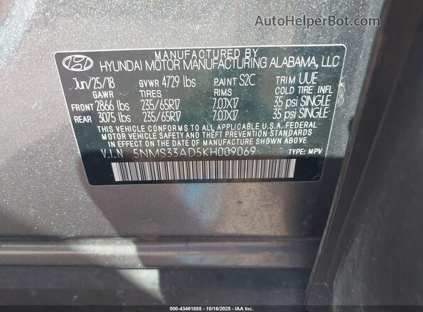 5NMS33AD5KH009069 2019 HYUNDAI SANTA FE Gray Вид підкапотного простору