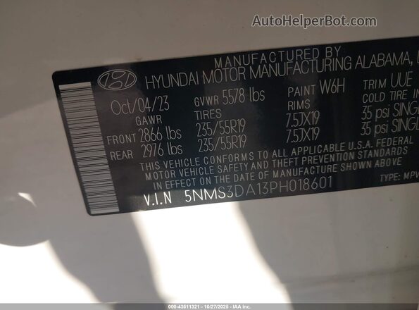 5NMS3DA13PH018601 2023 HYUNDAI SANTA FE HYBRID White Вид підкапотного простору