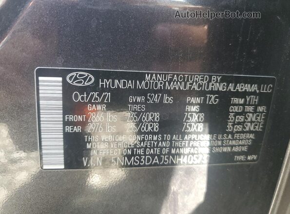 5NMS3DAJ5NH405731 2022 HYUNDAI SANTA Серый Вид наклейки с VIN-кодом