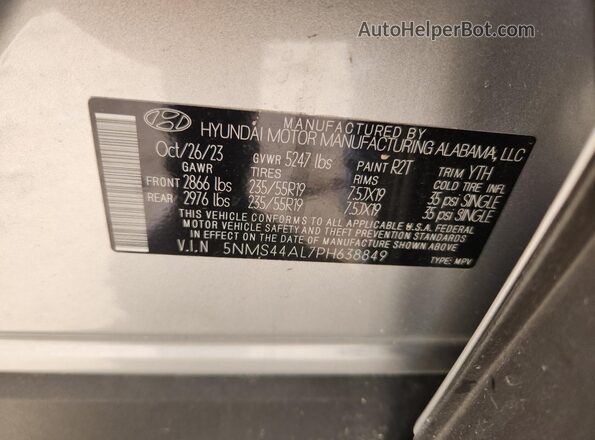 5NMS44AL7PH638849 2023 HYUNDAI SANTA Silver VIN sticker view