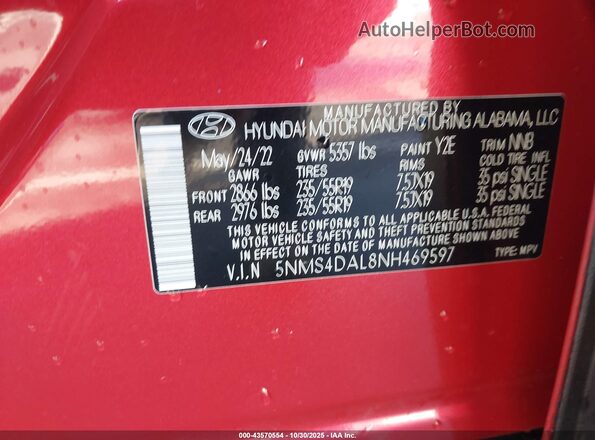 5NMS4DAL8NH469597 2022 HYUNDAI SANTA FE Red Widok komory silnika