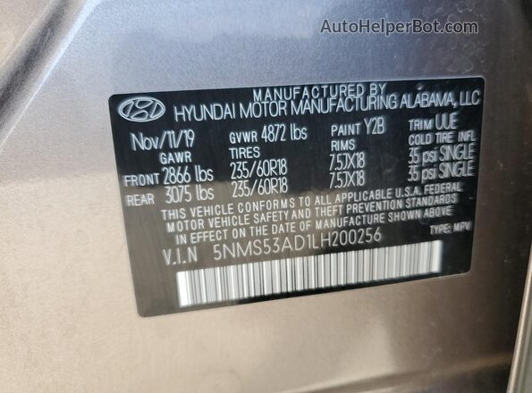5NMS53AD1LH200256 2020 HYUNDAI SANTA Tan ძრავის განყოფილების ხედი