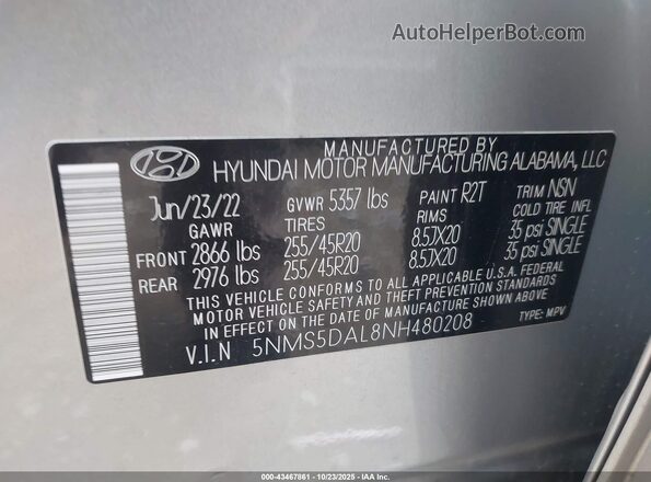 5NMS5DAL8NH480208 2022 HYUNDAI SANTA FE CALLIGRAPHY Серебряный Вид подкапотного пространства