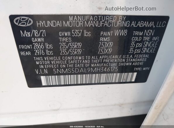 5NMS5DAL9MH346175 2021 HYUNDAI SANTA FE CALLIGRAPHY White Widok komory silnika