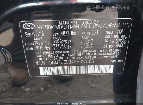 5NMZU3LB4HH018166 2017 HYUNDAI SANTA FE SPORT Черный Вид подкапотного пространства